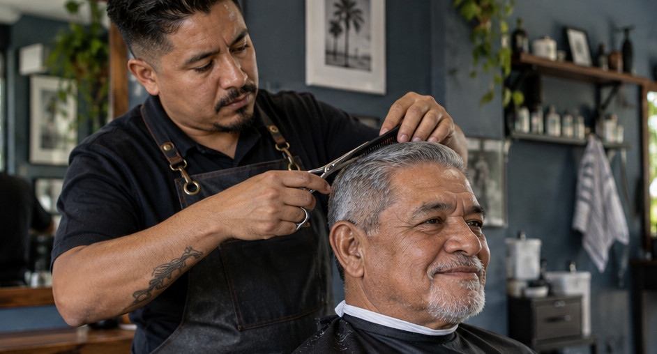 Un barbero cortando el cabello a un hombre adulto · Imagen ilustrativa generada con IA