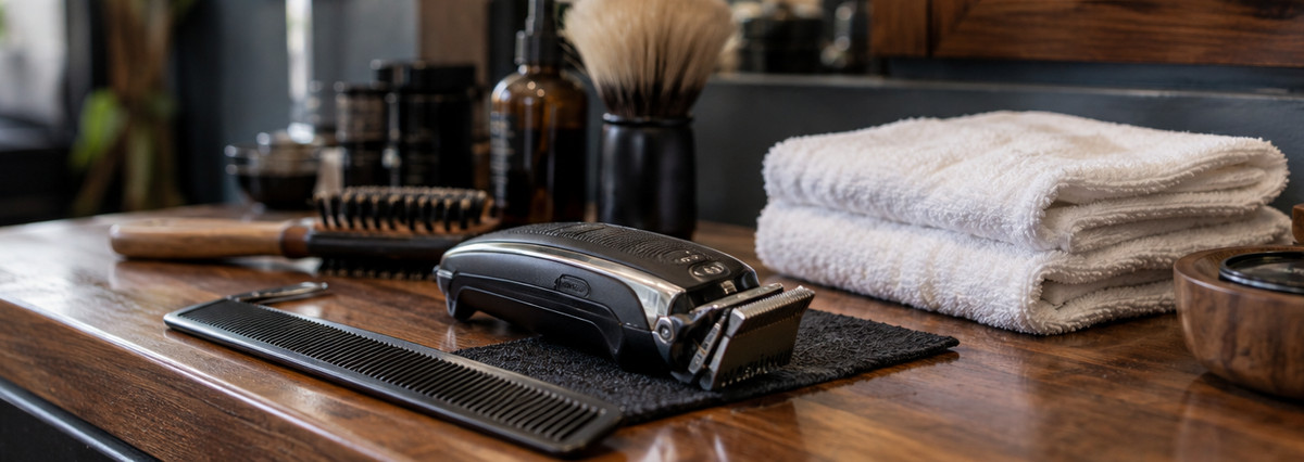 Herramientas de barbería y toallas sobre un mostrador · Imagen ilustrativa generada con IA